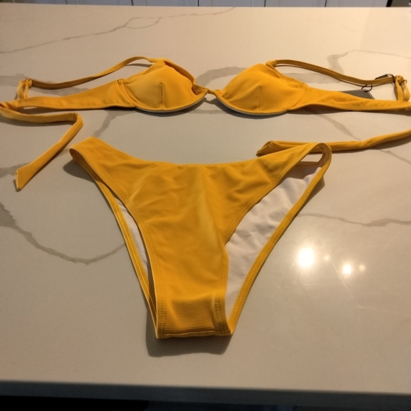 Underwire Bikini Sets Ribbed Bathing Suit High Cut Set yellow Sz L‎ - Picture 4 of 5